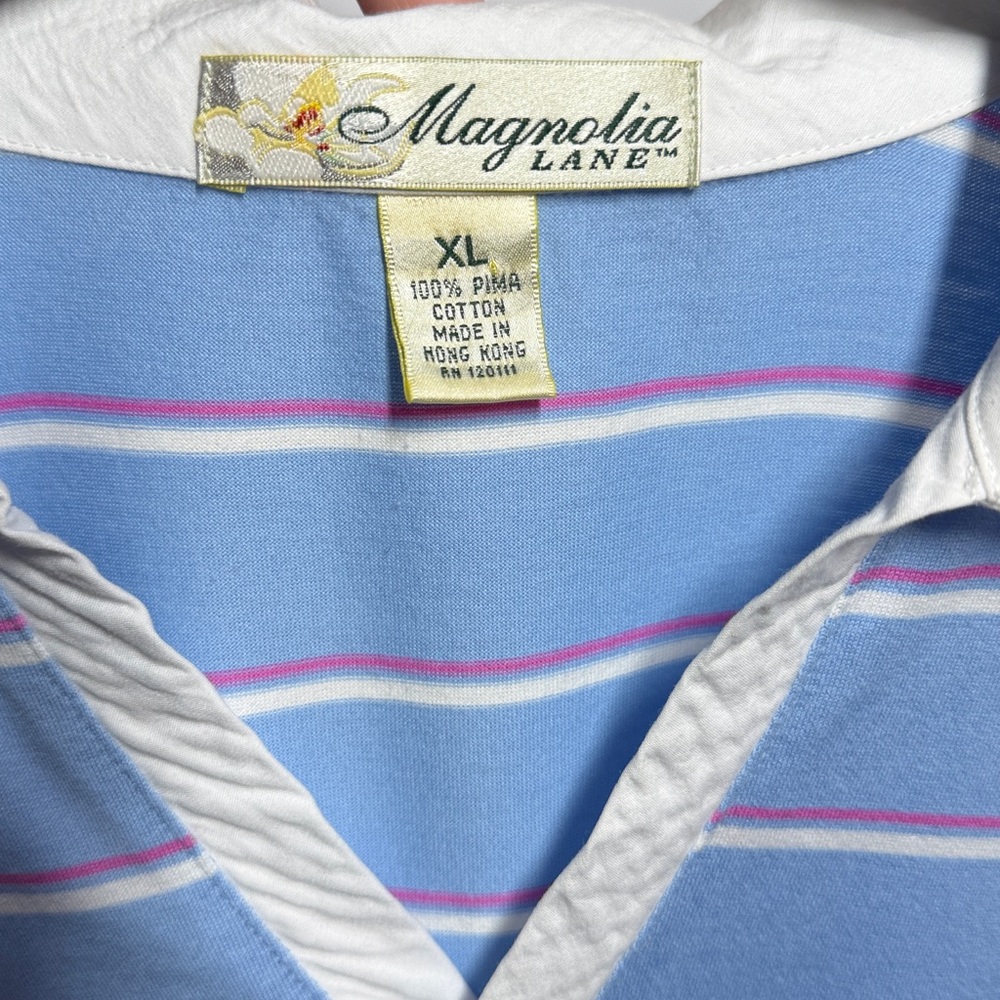 Magnolia Lane Womens Masters Golf Polo Shirt Striped Blue Pink White XL - Picture 4 of 8